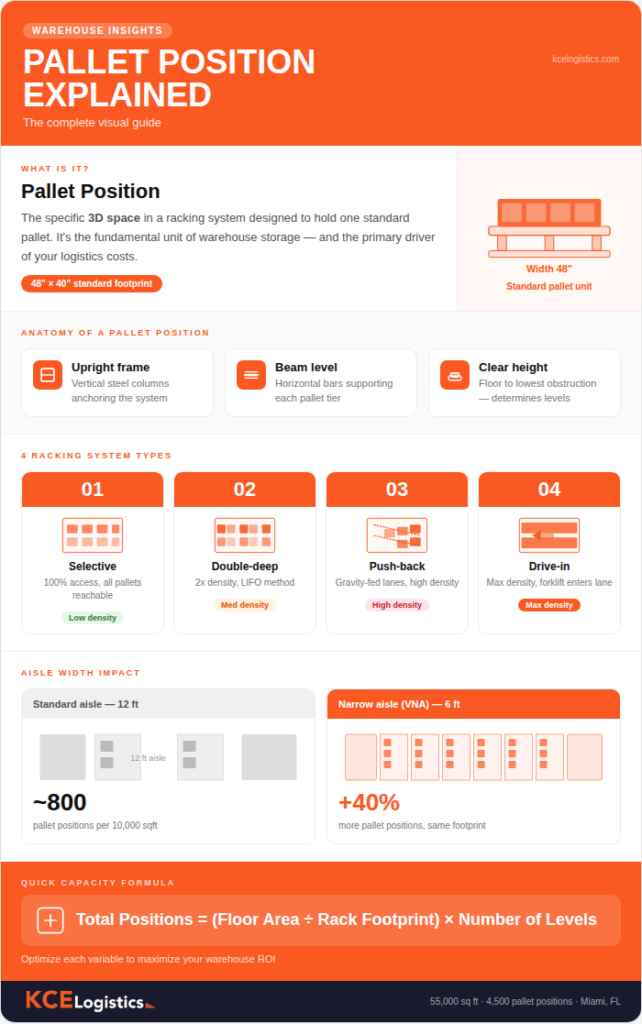 KCE Logistics infographic titled 'Pallet Position Explained' showing the anatomy of a pallet rack (upright frame, beam, clear height), comparison of 4 racking types (Selective, Double-deep, Push-back, Drive-in), aisle width impact on storage density, and the total positions capacity formula.